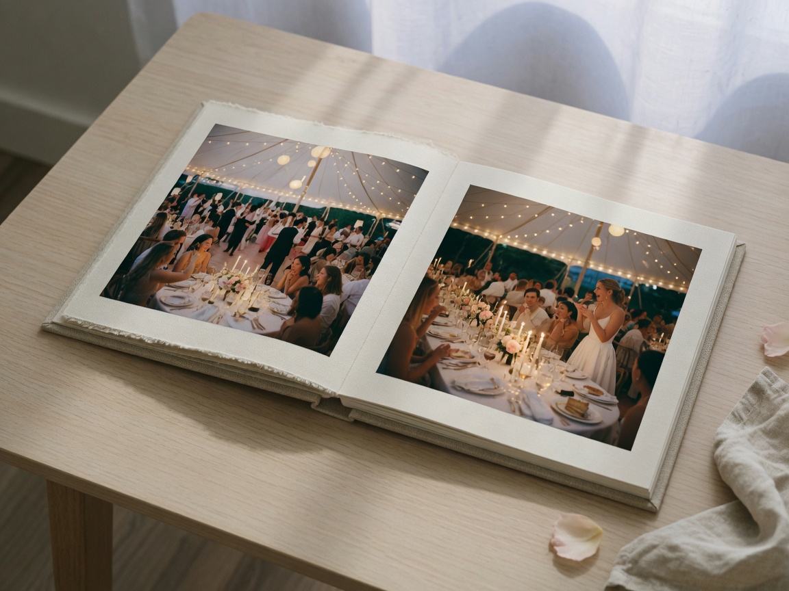 Open linen wedding album on a sunlit table