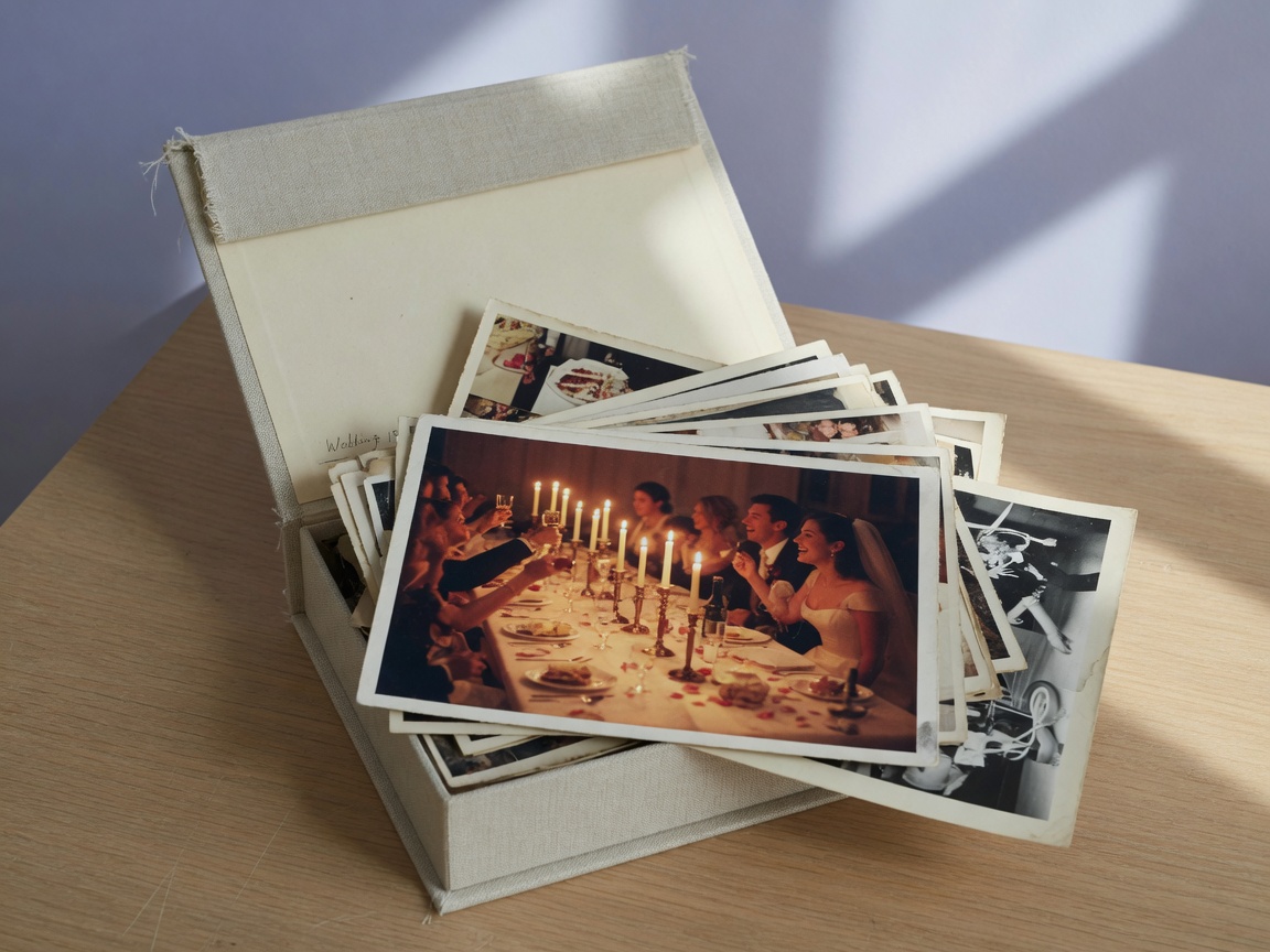 Linen archival box with wedding prints spilling out