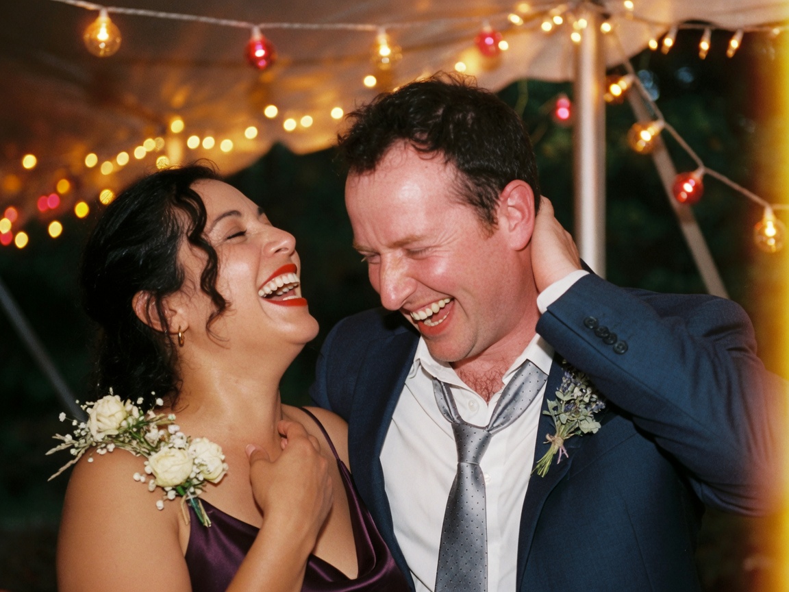 Couple laughing under tent lights at the reception