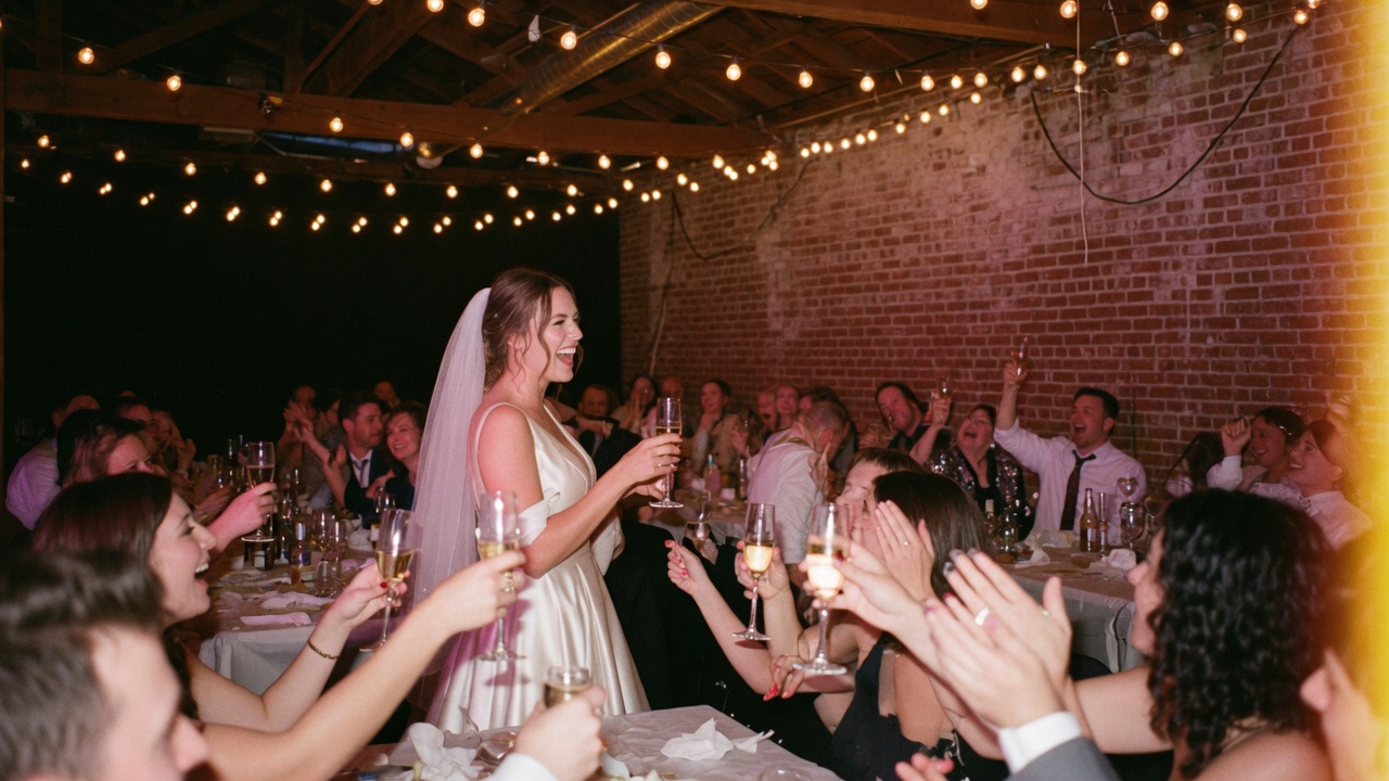 Wedding reception under string lights, the bride toasting