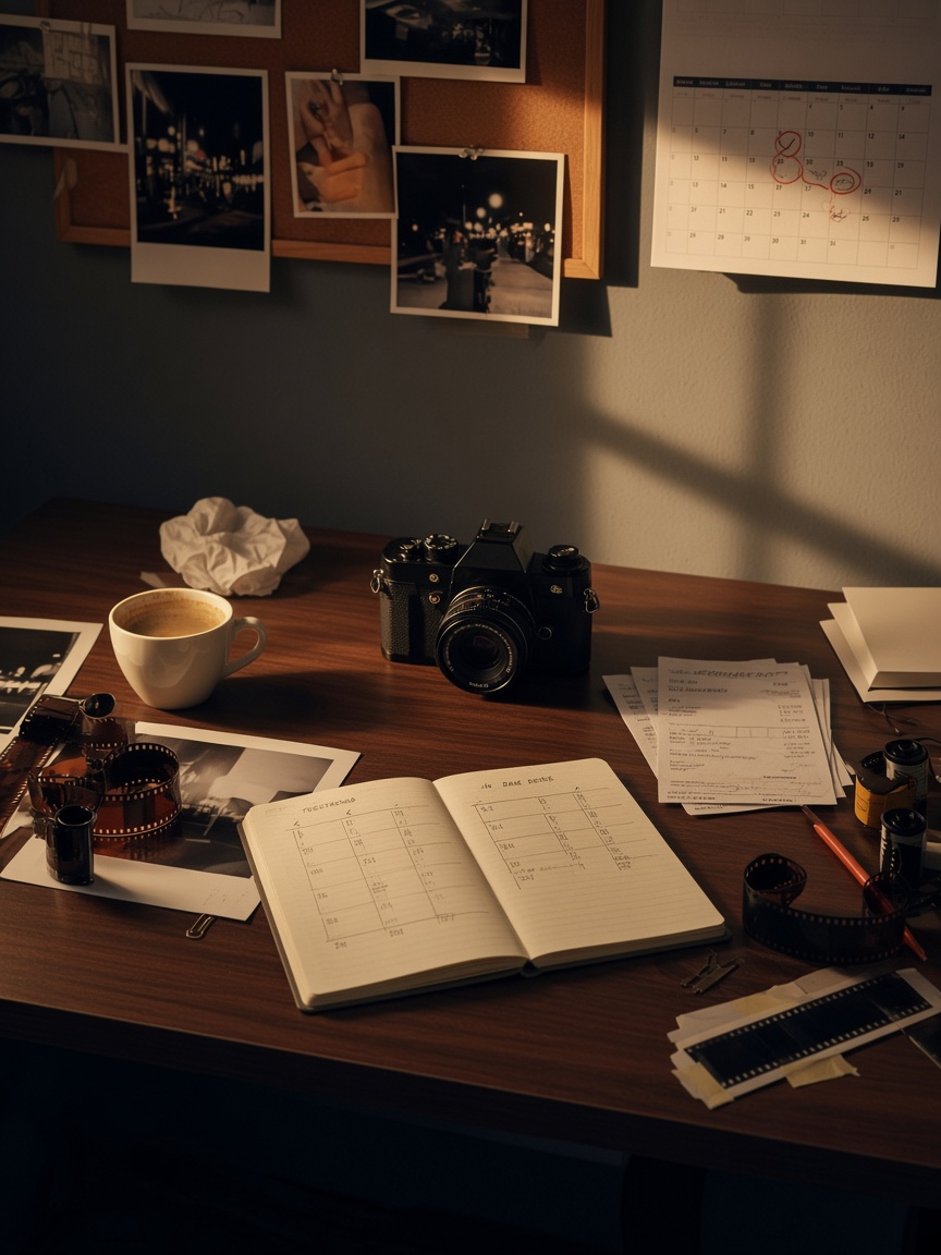 Wall calendar, notebook, invoices and a camera on a photographer desk