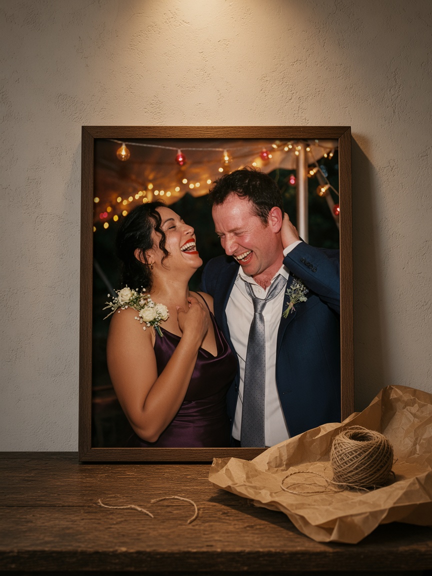 Framed wedding print leaning on a studio wall with wrapping paper