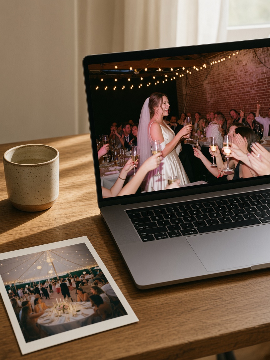 Laptop showing a photographer portfolio with a full-bleed wedding photo