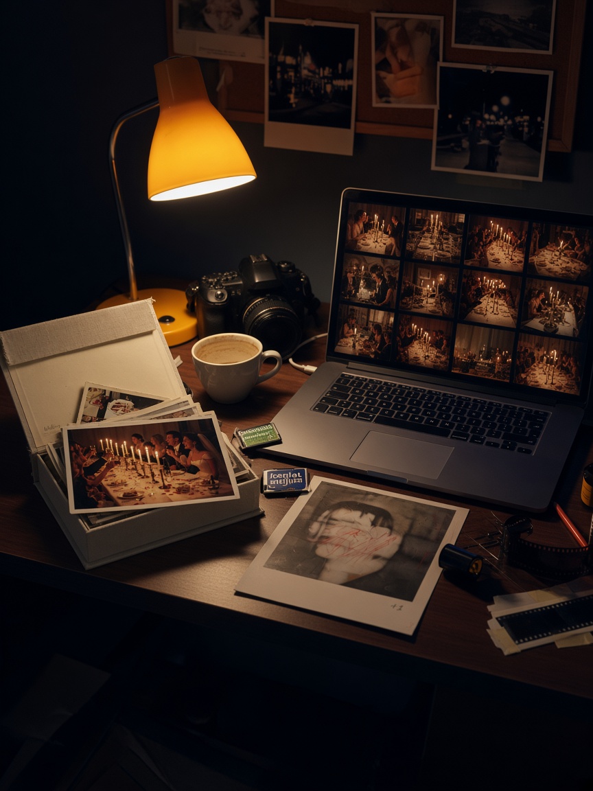 Photographer desk at night: linen box, camera cards, laptop showing a wedding gallery grid