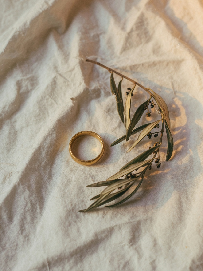 Gold wedding band on linen next to an olive sprig
