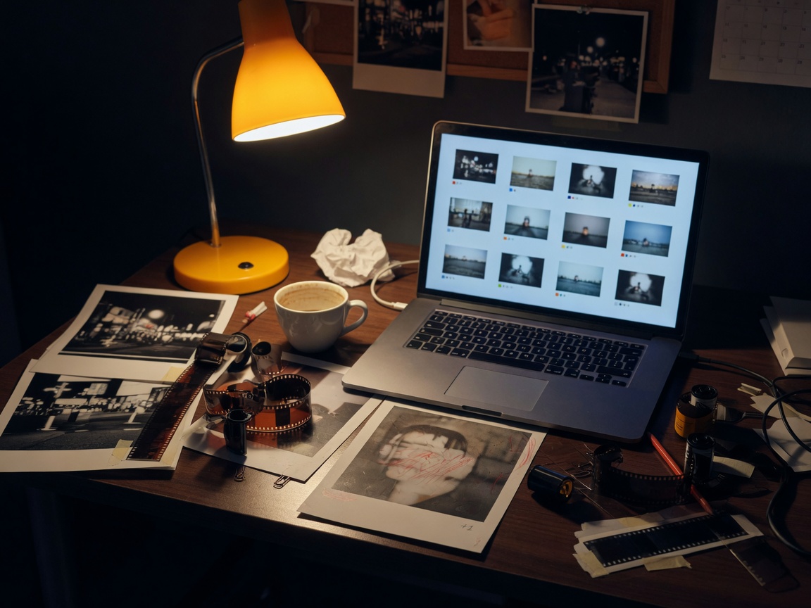 Editing desk with a photo grid on a laptop
